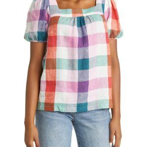 Boden Check Square Neck Linen Top